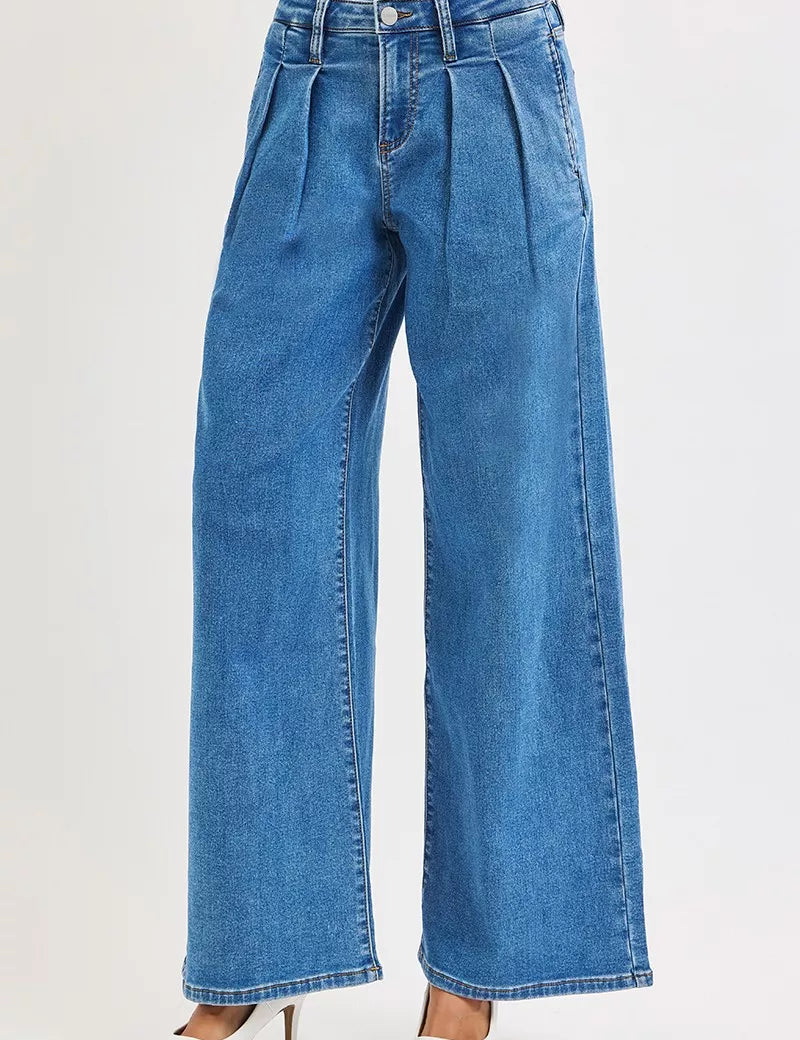 RISEN Full Size Mid Rise Fit Wide Leg with Pleated Detail Jeans Plus Size | Jeans Daverri Fashions