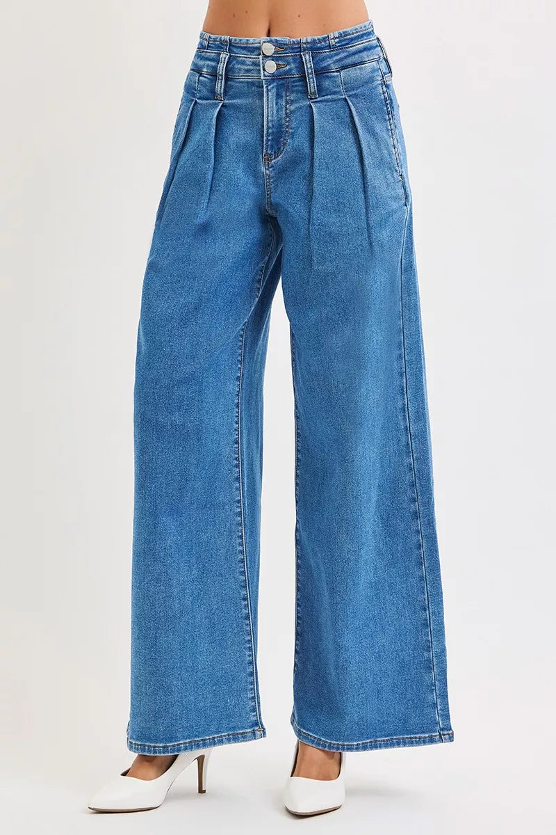 RISEN Full Size Mid Rise Fit Wide Leg with Pleated Detail Jeans Plus Size | Jeans Daverri Fashions