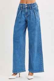 RISEN Full Size Mid Rise Fit Wide Leg with Pleated Detail Jeans Plus Size | Jeans Daverri Fashions