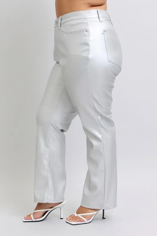 Judy Blue Full Size High Waist Silver Faux Leather Pants Plus Size Pants