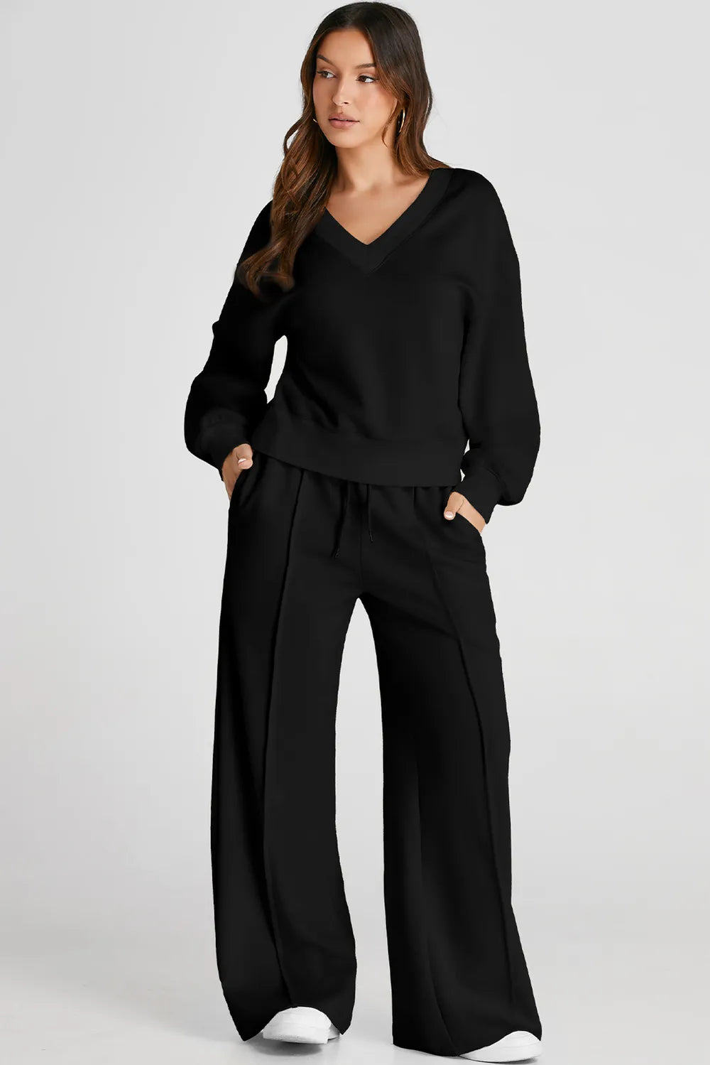 V-Neck Long Sleeve Top and Pants Active Set | Daverri Fashions