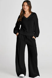V-Neck Long Sleeve Top and Pants Active Set | Daverri Fashions