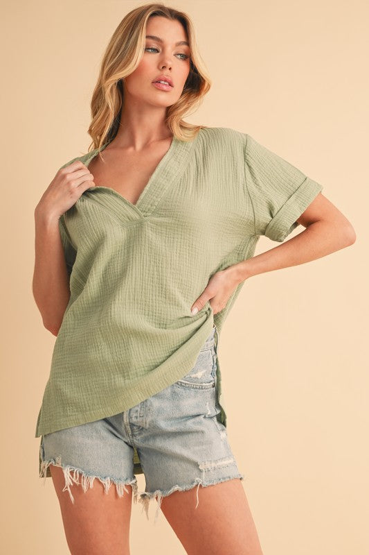 Aemi + Co Side Slit V-Neck Short Sleeve Blouse Sage Blouses