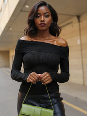 Black Off-Shoulder Ribbed Knit Top | Clothing Tops Daverri Fashions