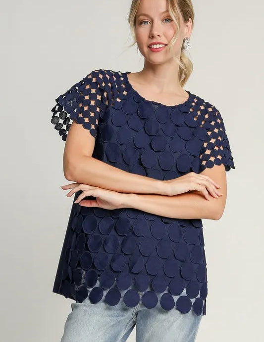 Dark Blue Umgee Full Size Mixed Polka Dot Lace Raglan Sleeve Boxy Cut Top | Tops Daverri Fashions