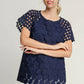 Umgee Full Size Mixed Polka Dot Lace Raglan Sleeve Boxy Cut Top Dark Blue Tops