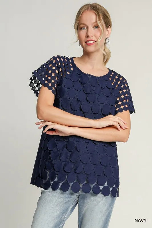 Umgee Full Size Mixed Polka Dot Lace Raglan Sleeve Boxy Cut Top Dark Blue Tops