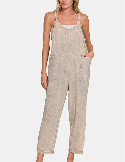 Zenana Washed Spaghetti Straps Overalls with Pockets Sleet S M