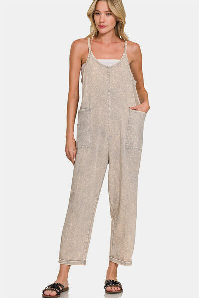 Zenana Washed Spaghetti Straps Overalls with Pockets Sleet S M