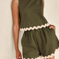 Daverri Fashions olive green sleeveless top and shorts set with cream scalloped trim