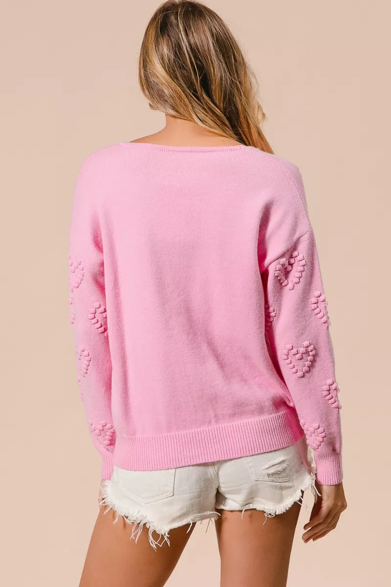BiBi Valentines Heart Pompom V Neck Knit Top | Knit Tops Daverri Fashions