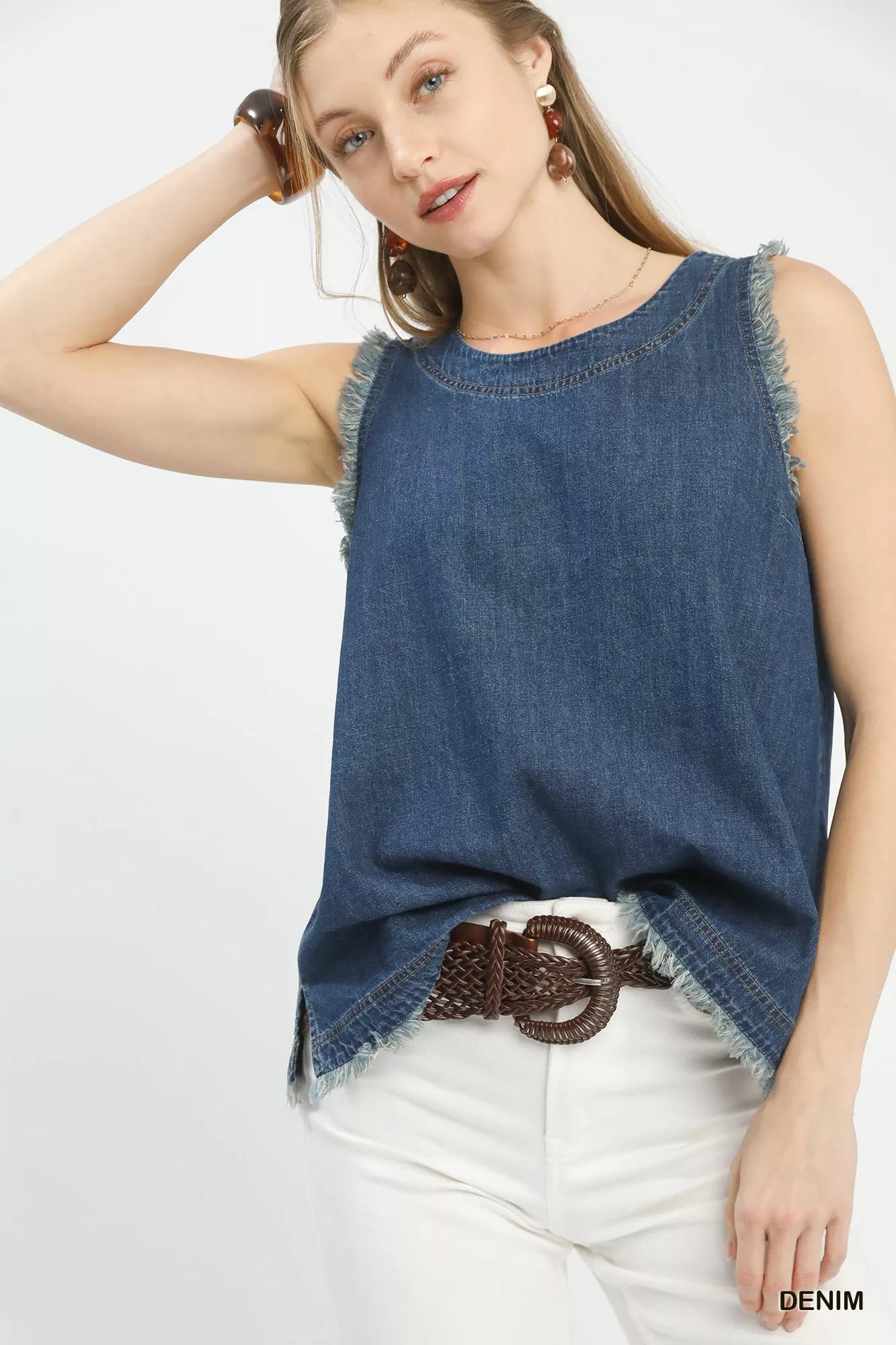 Umgee sleeveless fringe hem denim top with frayed edges