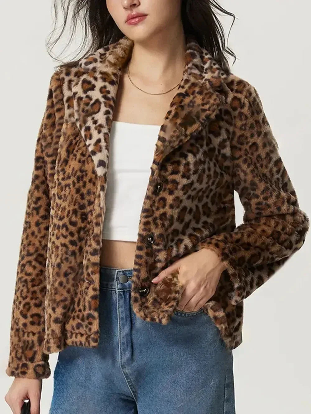 Fuzzy Leopard Collared Neck Jacket - DAVERRI FASHIONS