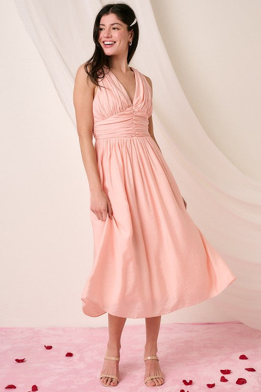 Mittoshop Ruched V-Neck Sleeveless Midi Dress Blush