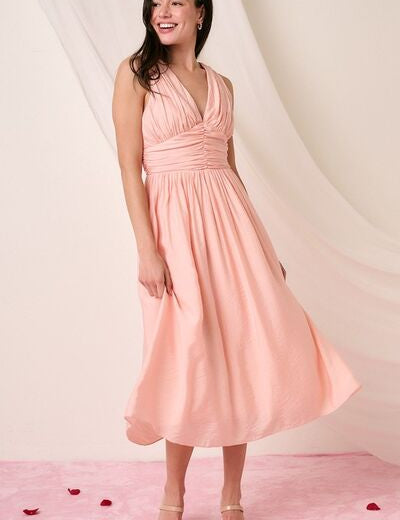 Mittoshop Ruched V-Neck Sleeveless Midi Dress Blush