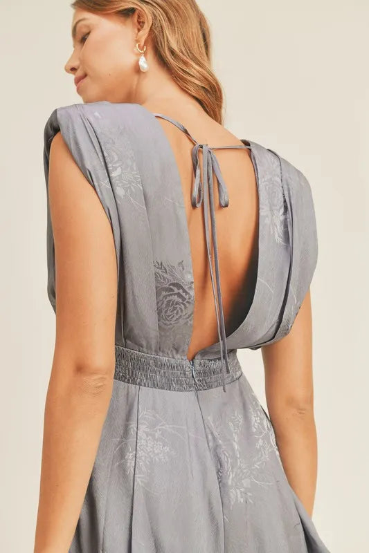 MABLE Draped Romper with Pleated Shoulder Pad Detail Rompers