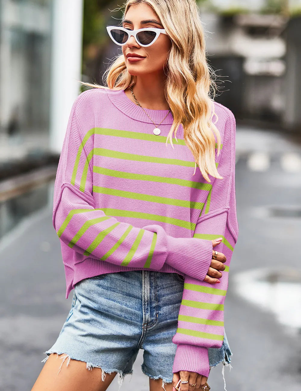 Red-Violet Striped Round Neck Drop Shoulder Slit Sweater | Sweaters Daverri Fashions