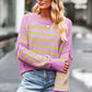 Striped Round Neck Drop Shoulder Slit Sweater - DAVERRI FASHIONS