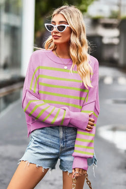 Striped Round Neck Drop Shoulder Slit Sweater - DAVERRI FASHIONS