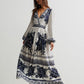 Floral print long sleeve maxi dress in white with navy blue patterns