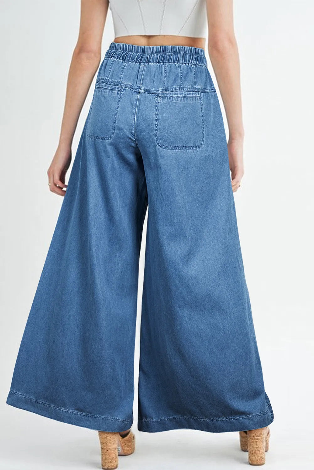 Daverri drawstring elastic waist wide leg jeans back view blue denim