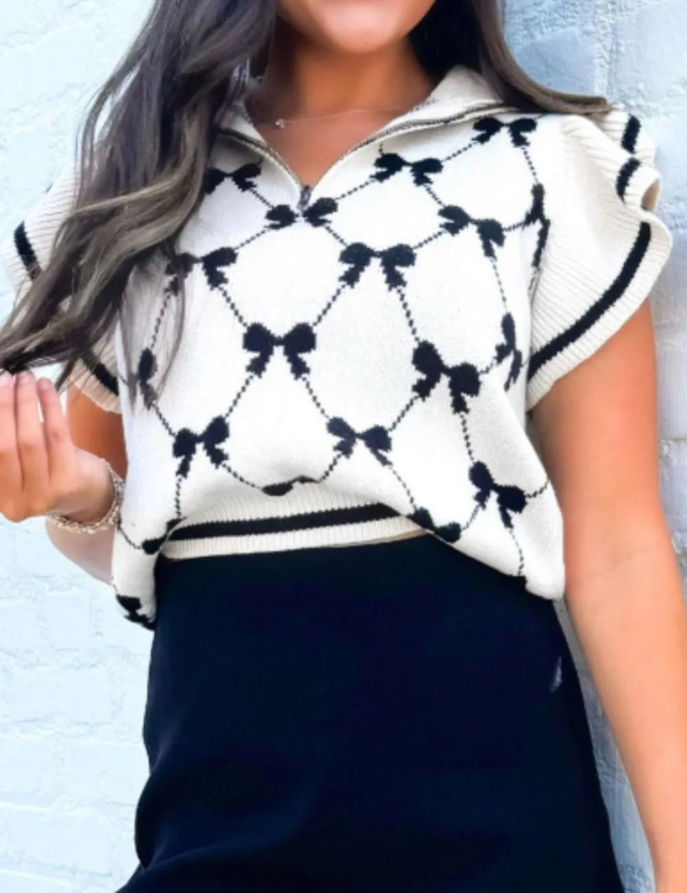 White Bow Half Zip Sweater Vest | Sweaters Daverri Fashions