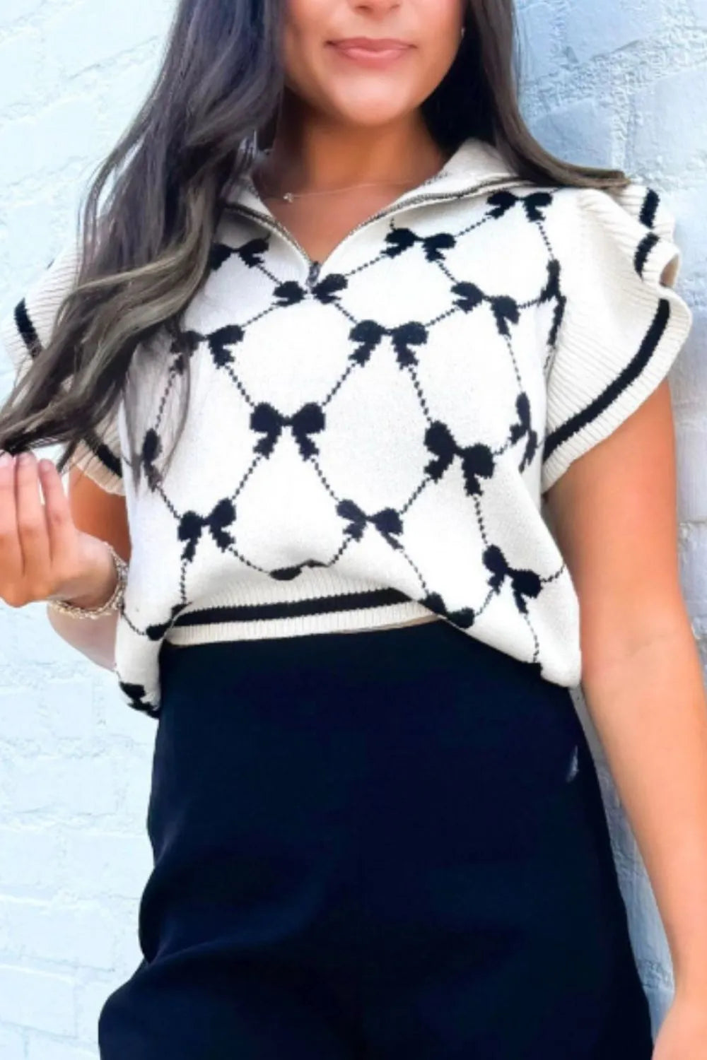 White Bow Half Zip Sweater Vest | Sweaters Daverri Fashions