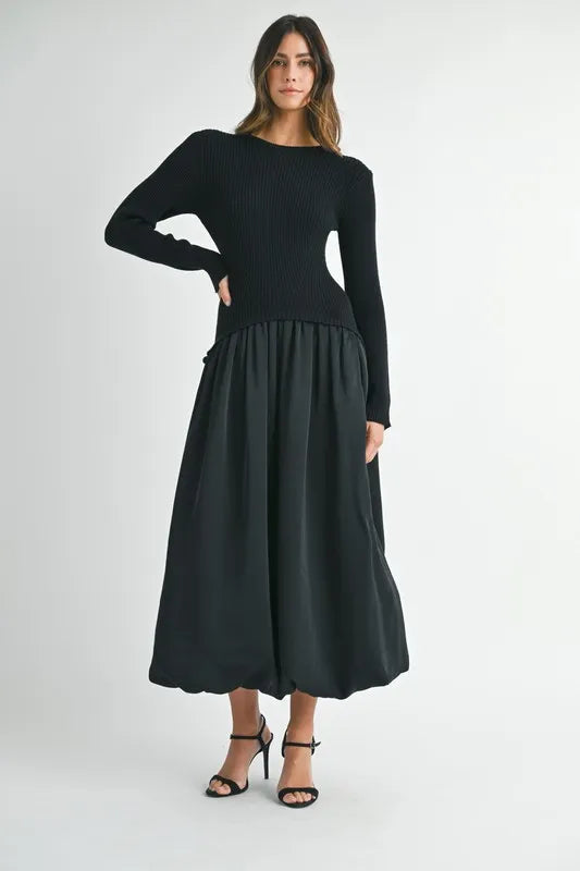 MABLE Ribbed Poplin Mix Midi Sweater Dress Midi Dresses