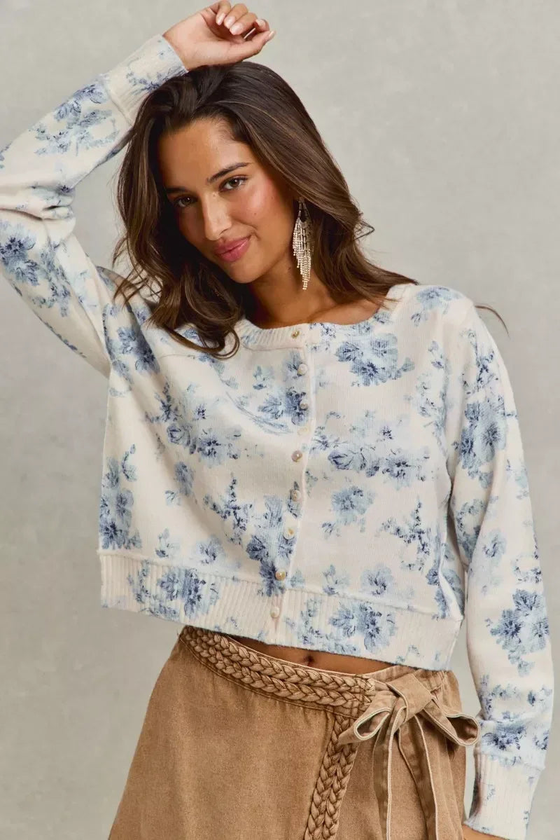 SO ME Vintage Floral Print Button Down Sweater Cardigan - DAVERRI FASHIONS