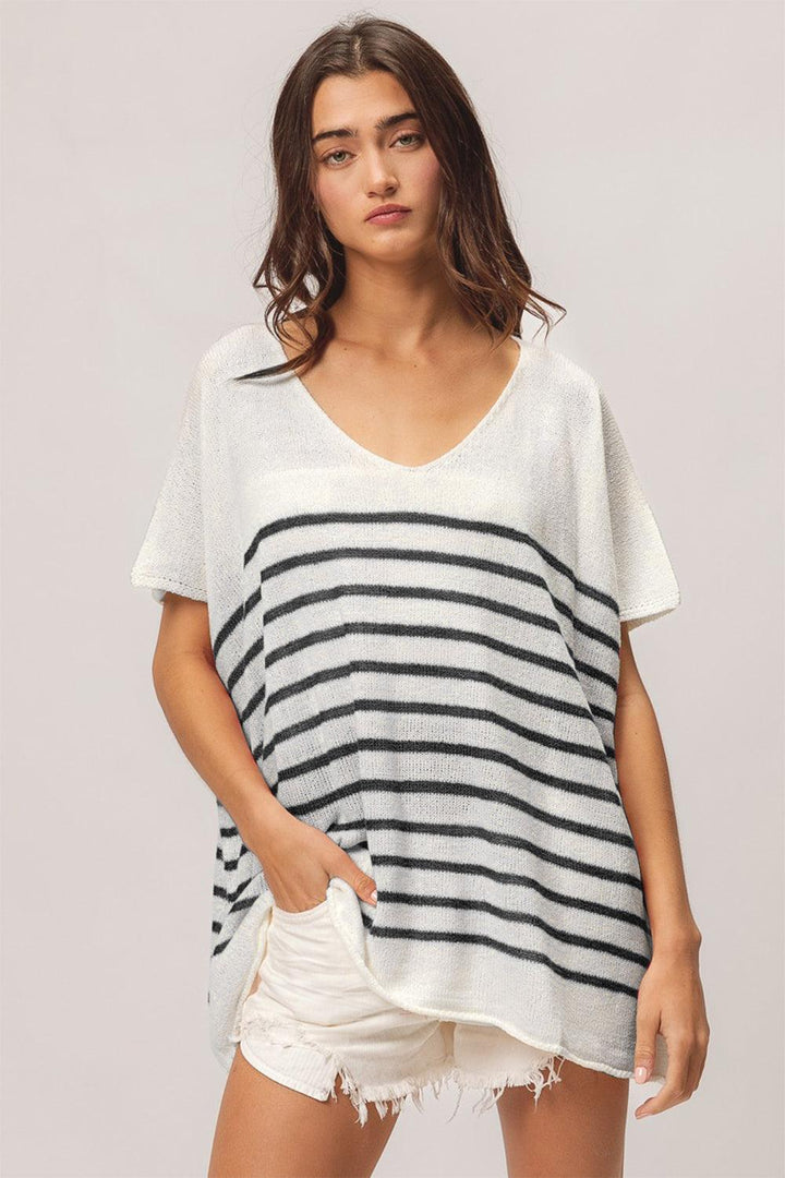 BiBi V Neck Striped Short Sleeve Top Shirts & Tops