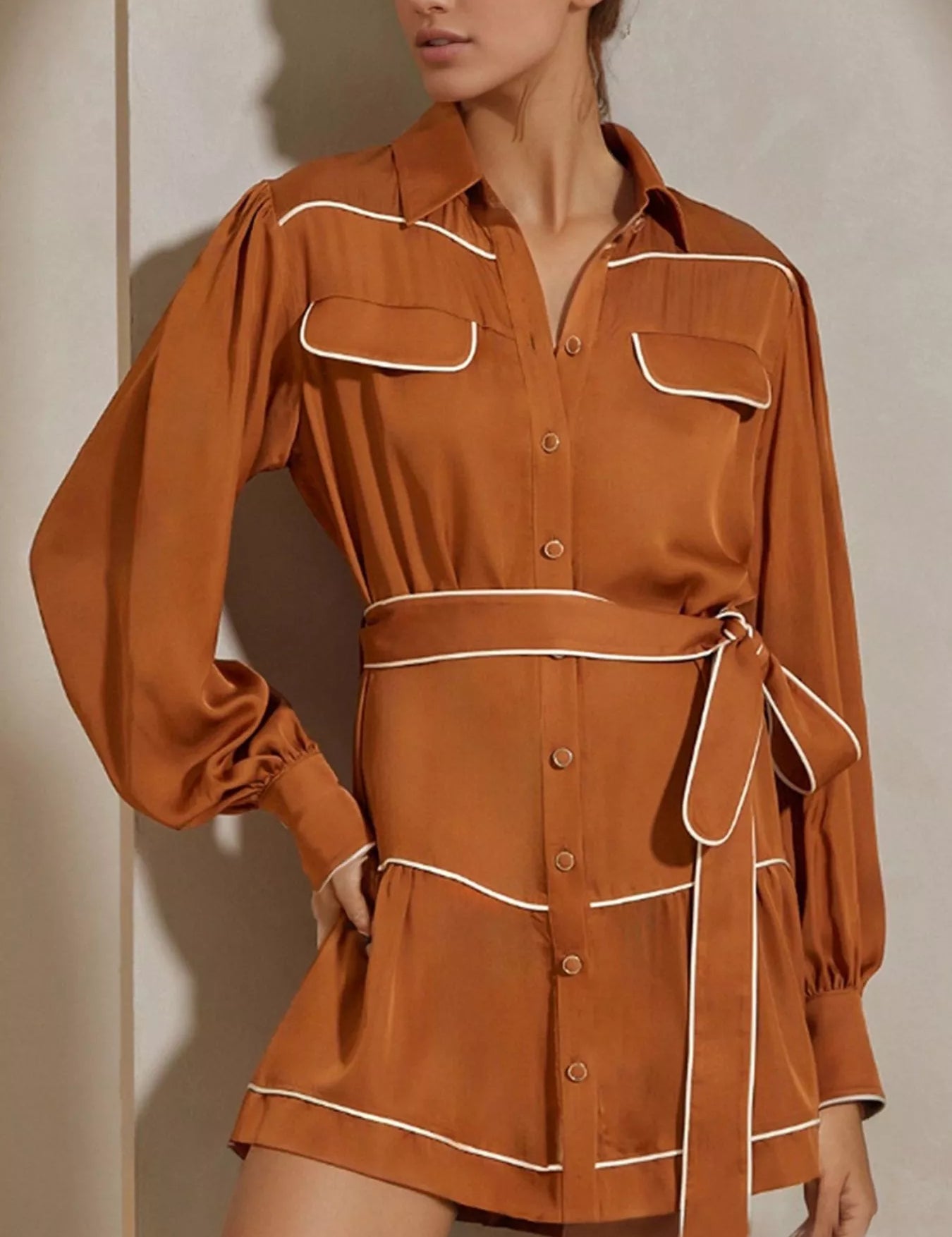 Orange Button Front Long Sleeve Shirt Dress | Mini Dresses Daverri Fashions