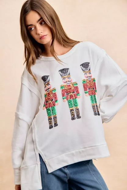 BiBi Christmas Sequin Nutcrackers Embroidery Sweatshirt - DAVERRI FASHIONS