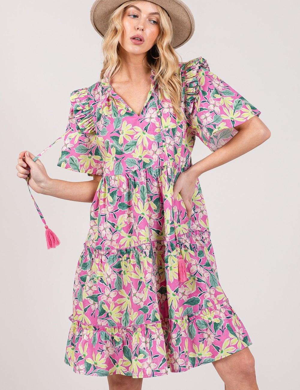 SAGE + FIG Floral Ruffle Short Sleeve Dress