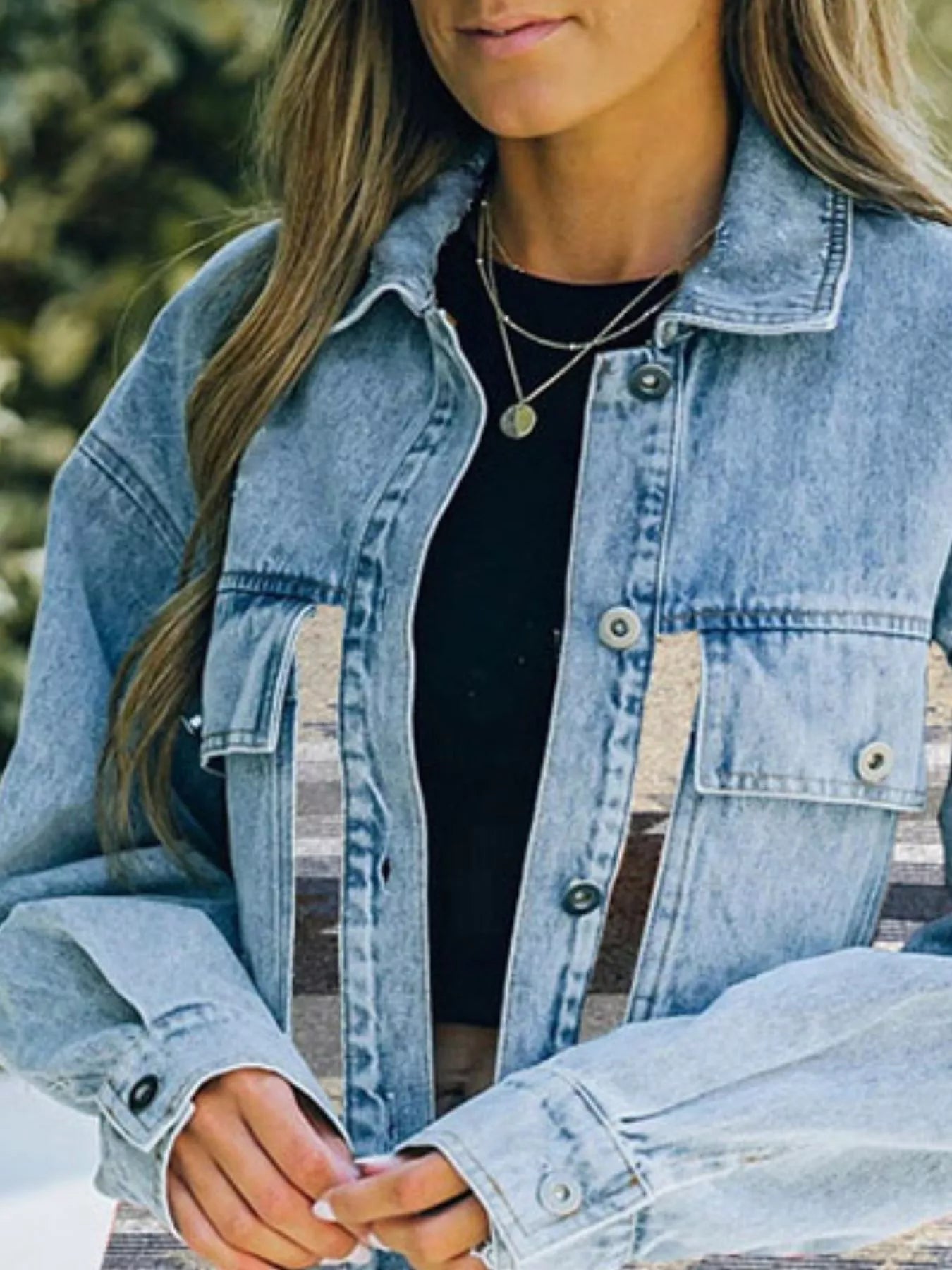 Printed Botton Down Long Sleeve Denim Jacket | Denim Jackets Daverri Fashions