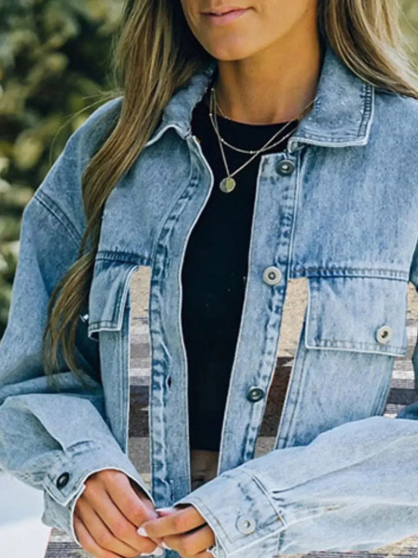 Printed Botton Down Long Sleeve Denim Jacket - DAVERRI FASHIONS