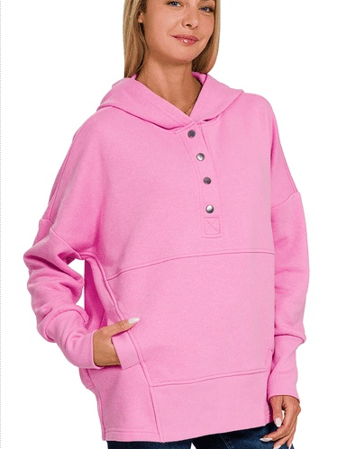 Half Snap Loose Fit Hooded Pullover Candy Pink Sweatshirts