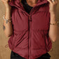 Maroon quilted drawstring zip-up hooded puffer vest coat