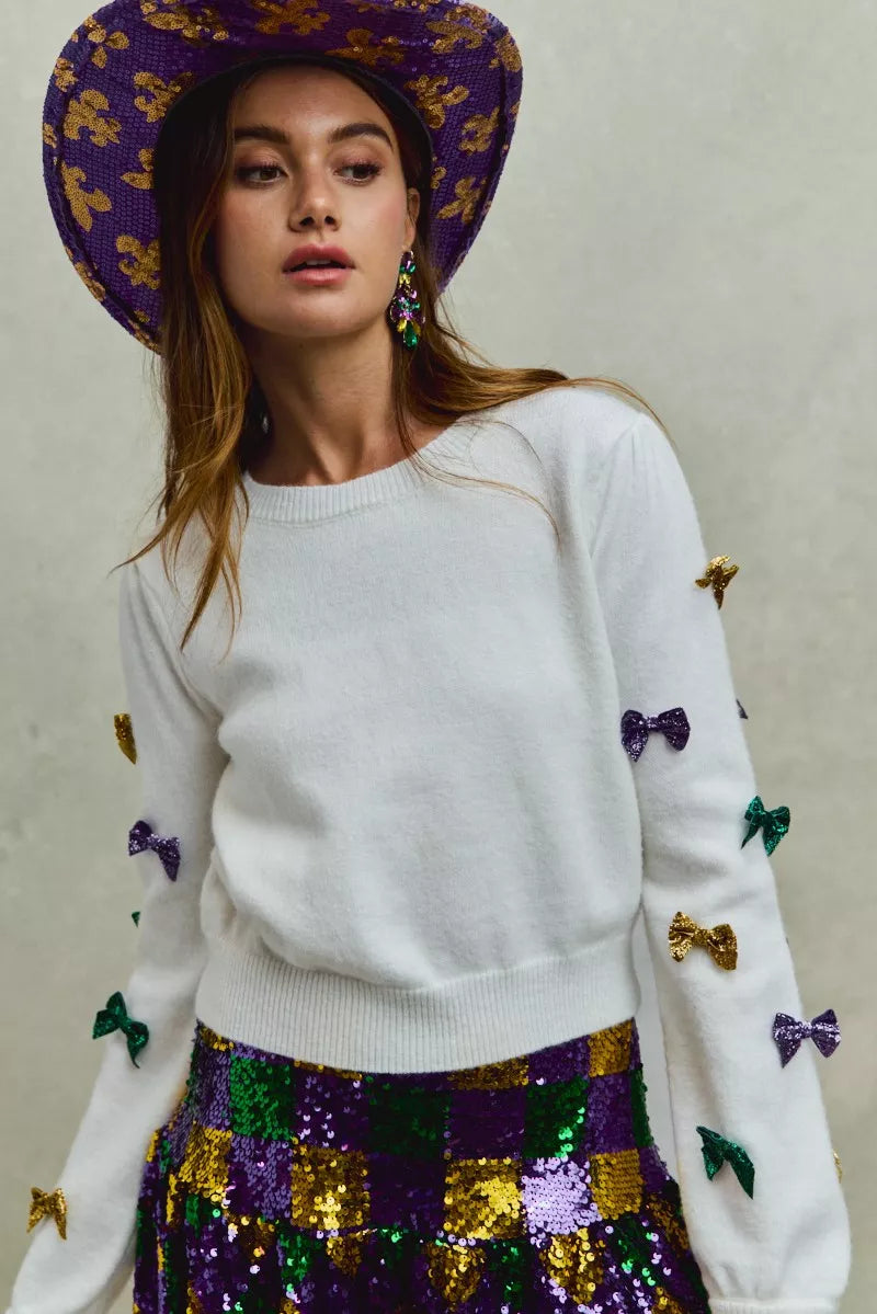 SO ME Mardi Gras sweater with colorful sequined bows