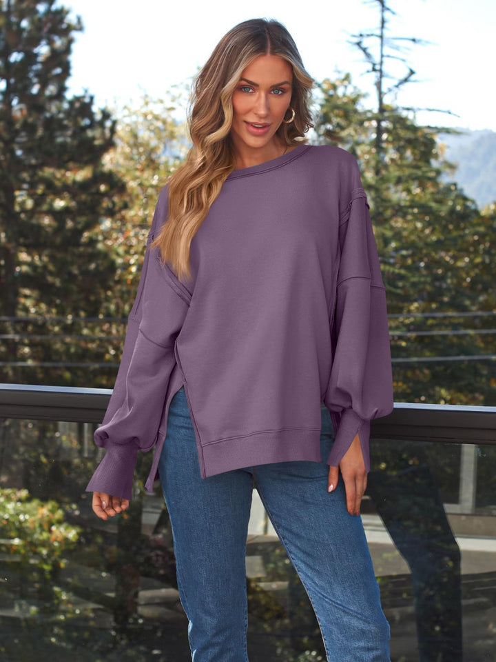 Slit Round Neck Long Sleeve Sweatshirt Mauve Tops