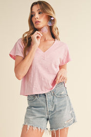 Aemi + Co Side Slit V-Neck Short Sleeve Cropped T-Shirt Blush Pink T-Shirts