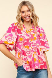 Haptics Full Size Frill Floral Puff Sleeve Blouse Blush Fuchsia