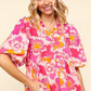 Haptics Full Size Frill Floral Puff Sleeve Blouse Blush Fuchsia Blouses