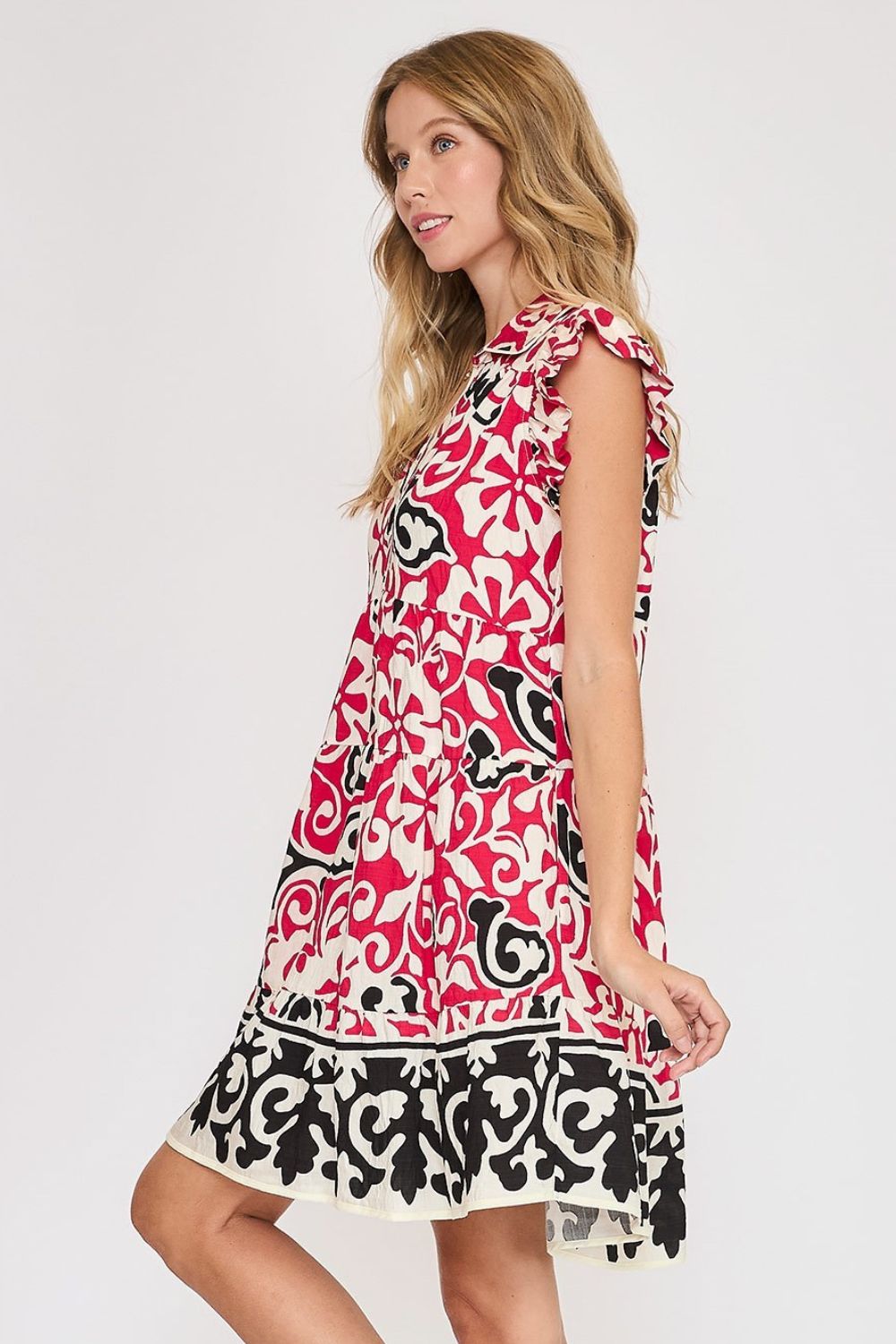 Umgee Floral Ruffled Cap Sleeve Tiered Dress