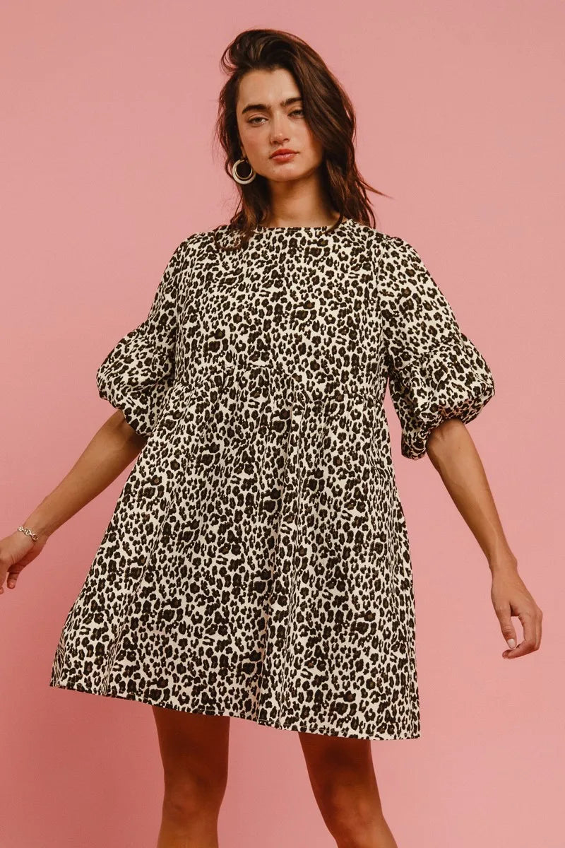 OFF WHITE LEOPARD BiBi Leopard Denim Dress With Back Contrast Tie Detail | Daverri Fashions