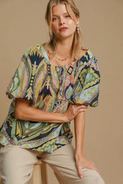 Umgee Abstract Print Smocked Square Neck Puff Sleeve Blouse Plus | Blouses Daverri Fashions