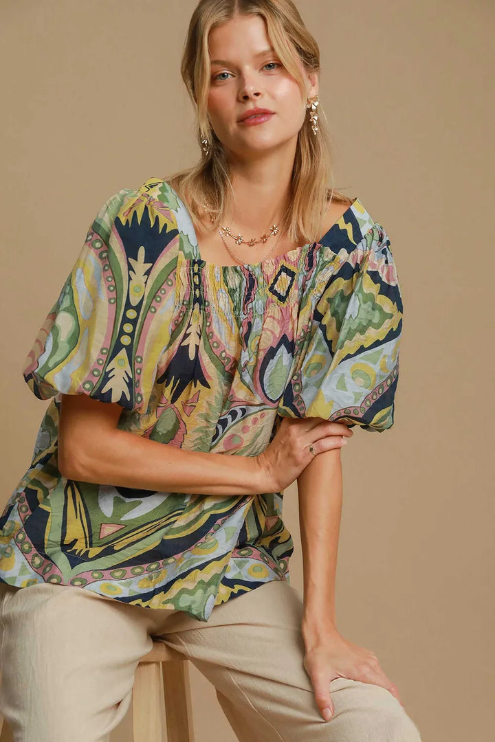 Umgee Abstract Print Smocked Square Neck Puff Sleeve Blouse Plus | Blouses Daverri Fashions