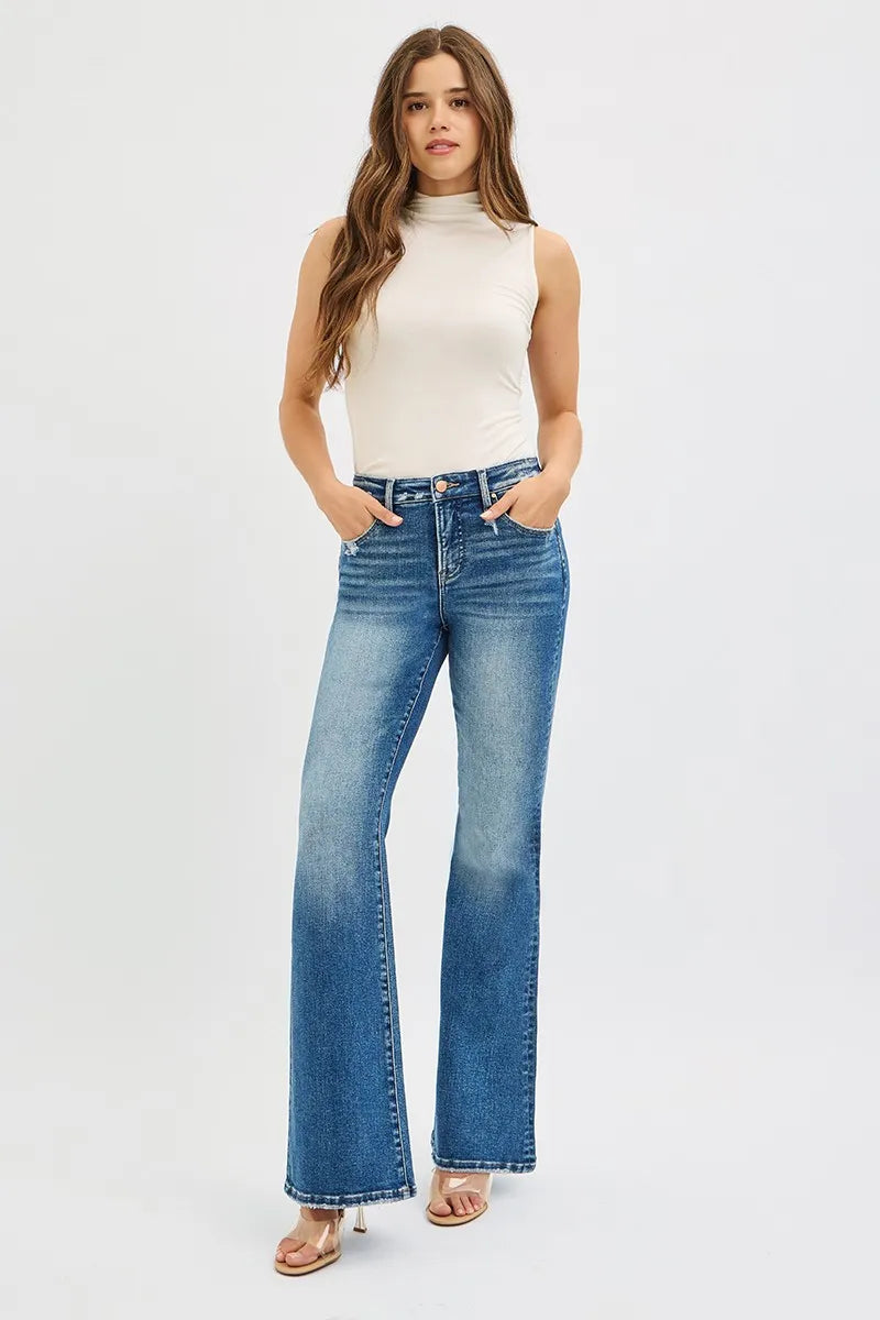 RISEN Full Size Tummy Control High Rise Flare Jeans Plus Size | Jeans Daverri Fashions