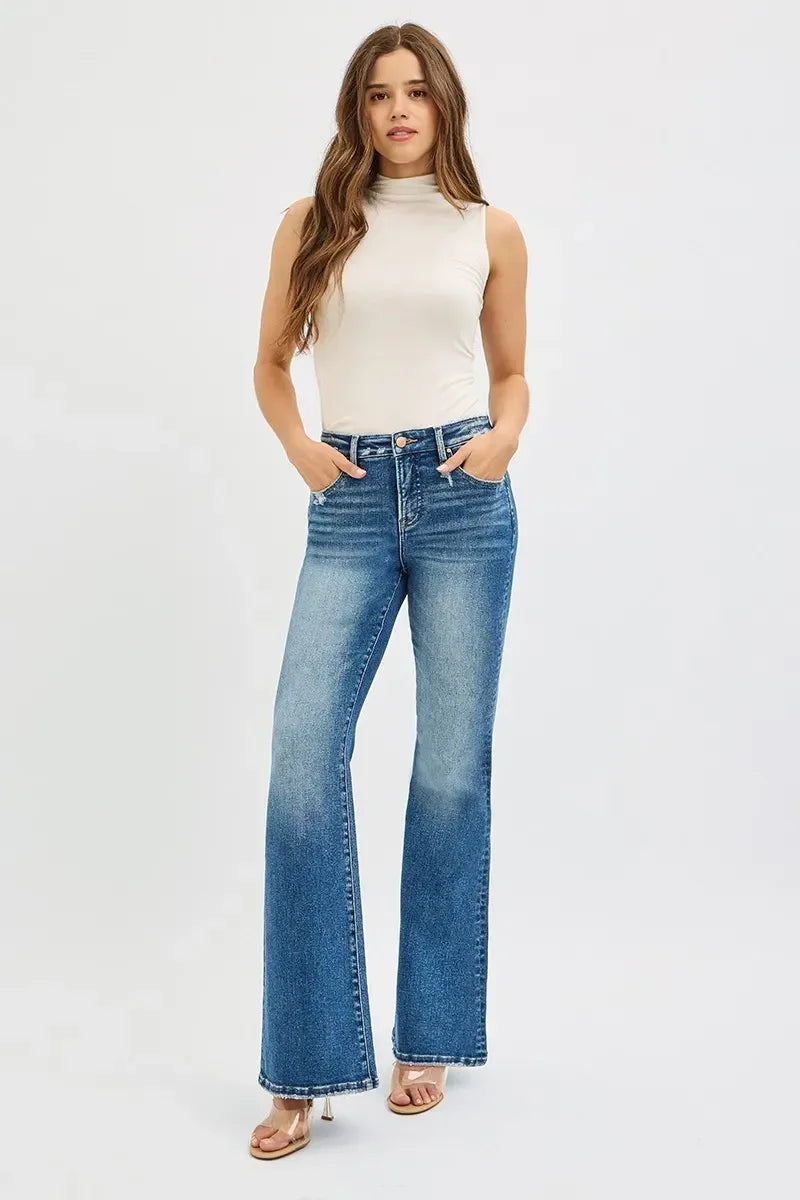 RISEN Full Size Tummy Control High Rise Flare Jeans Plus Size - DAVERRI FASHIONS