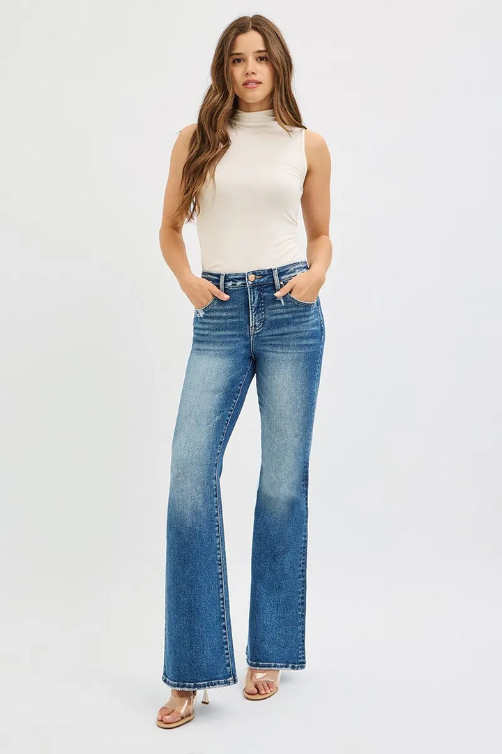 RISEN Full Size Tummy Control High Rise Flare Jeans Plus Size | Jeans Daverri Fashions