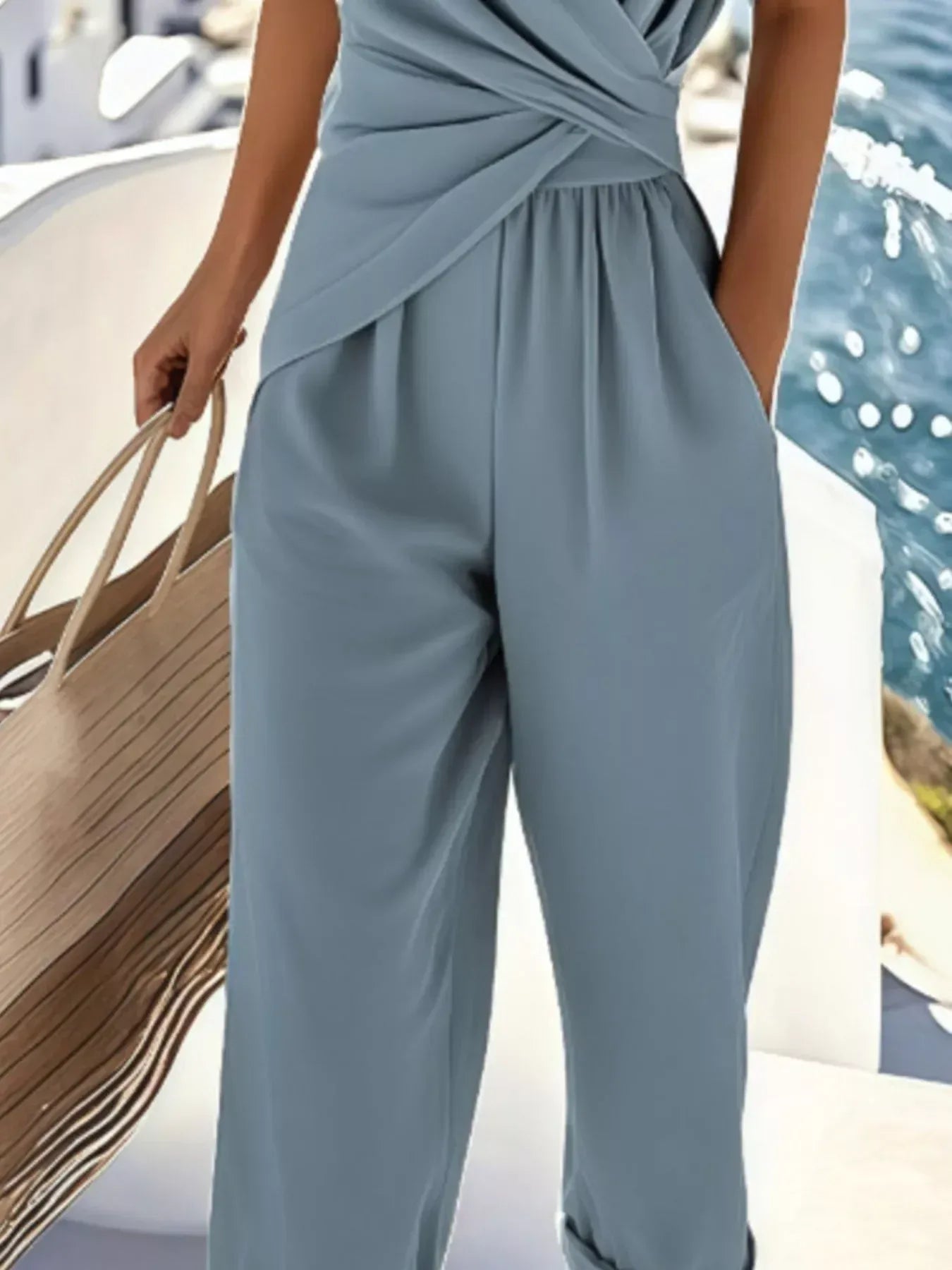 Full Size Surplice Short Sleeve Top and Pants Set Plus Size - DAVERRI FASHIONS